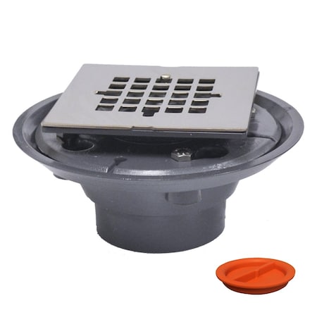 Jones Stephens 2inX3in PVC Shower Drain, 2in PVC Spud, 4in Square Brushed Nickel Snap-In Strainer, Test Plug D5088BNTP